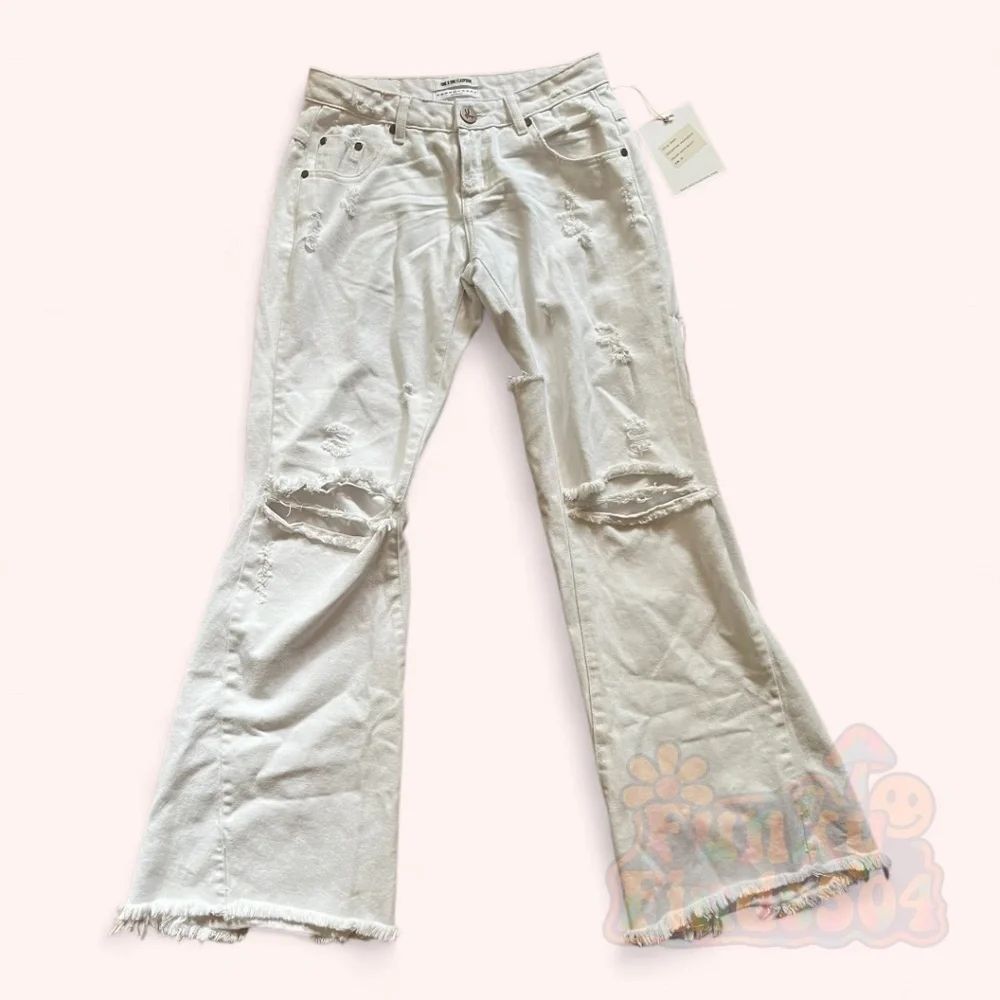One Teaspoon White Westender Distressed Flare Jeans Low Rise Ripped Barrel Sz 26